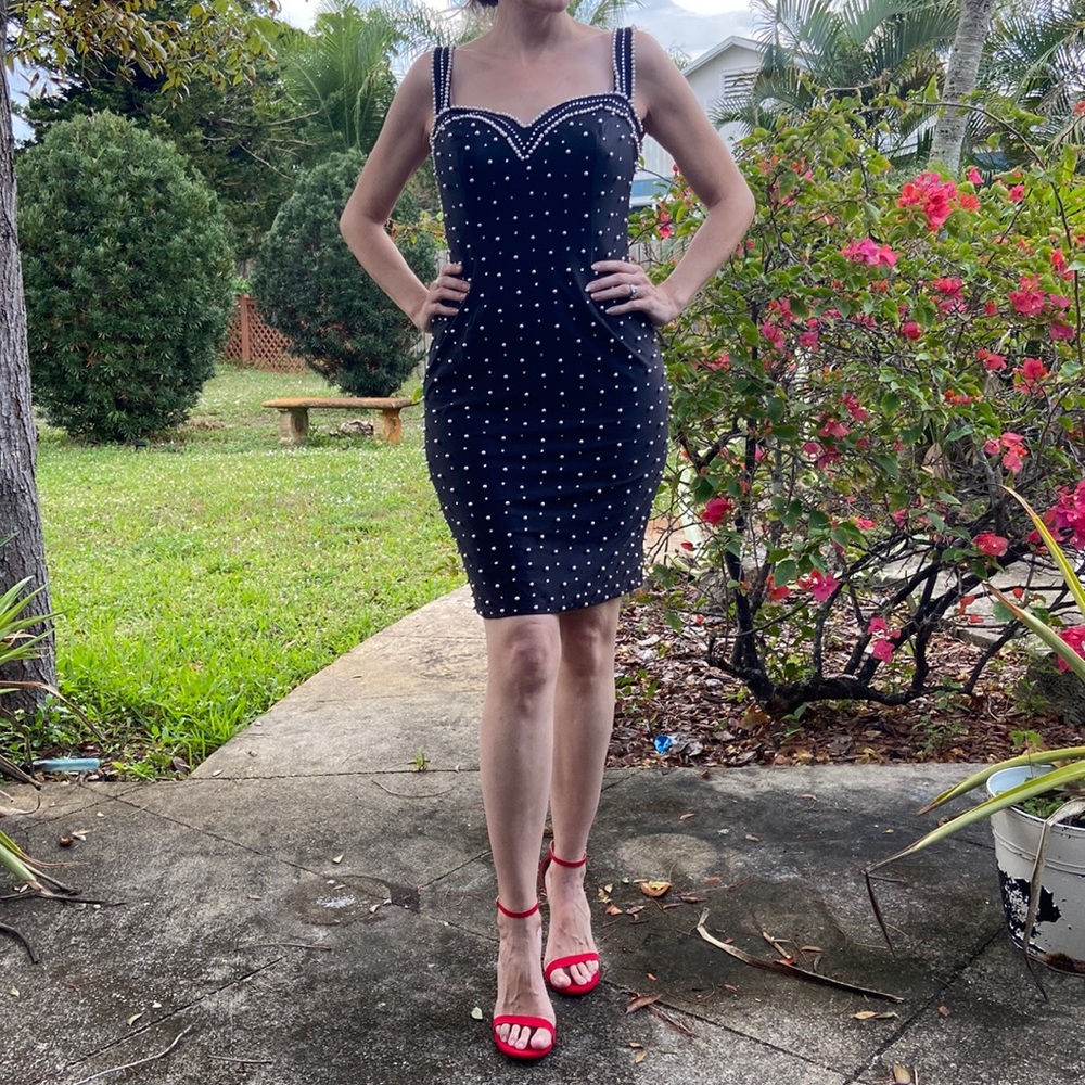 Marla D Black Vintage Spandex Jersey Diamanté Pearl Beaded Evening Mini Dress!